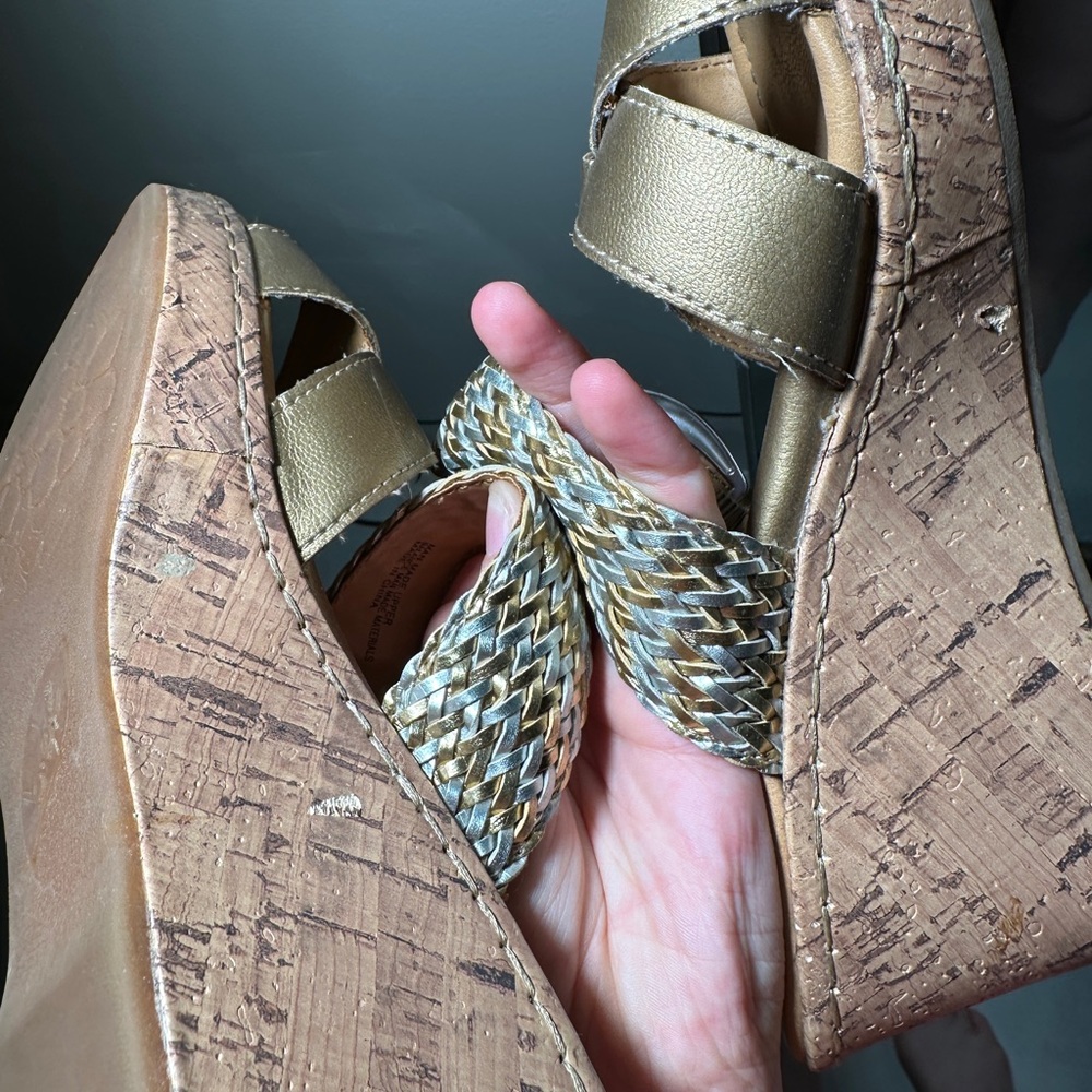 b.o.c. Gold Wedge Sandals with Metallic Straps